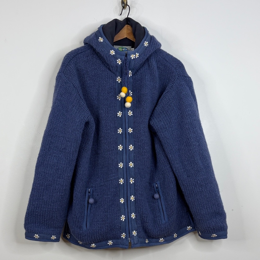 New Laundromat Sweater Jacket Womens XL Blue Daisy Wool Fleece Lined Hooded